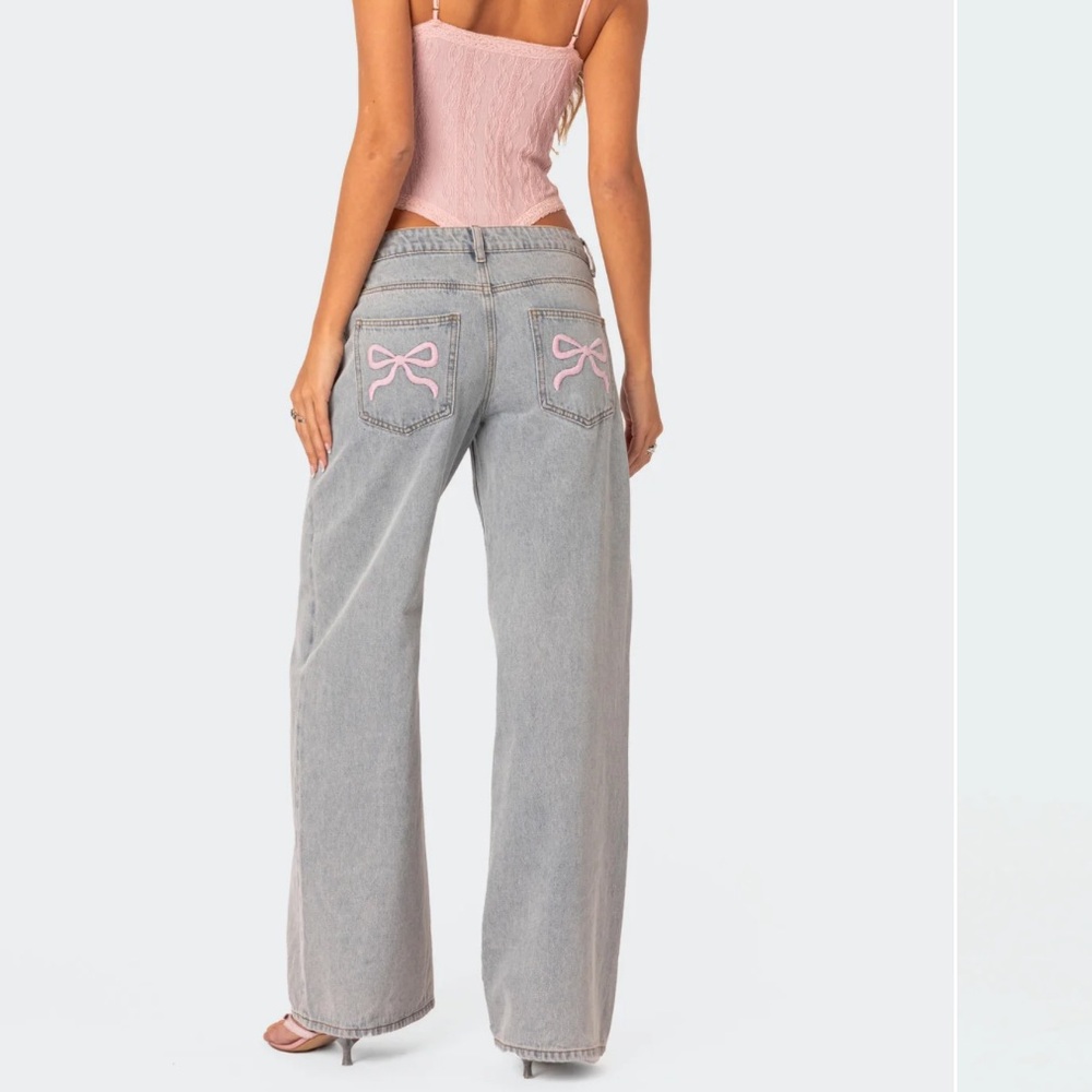 Edikted Gray Jeans with Pink Bow Detail